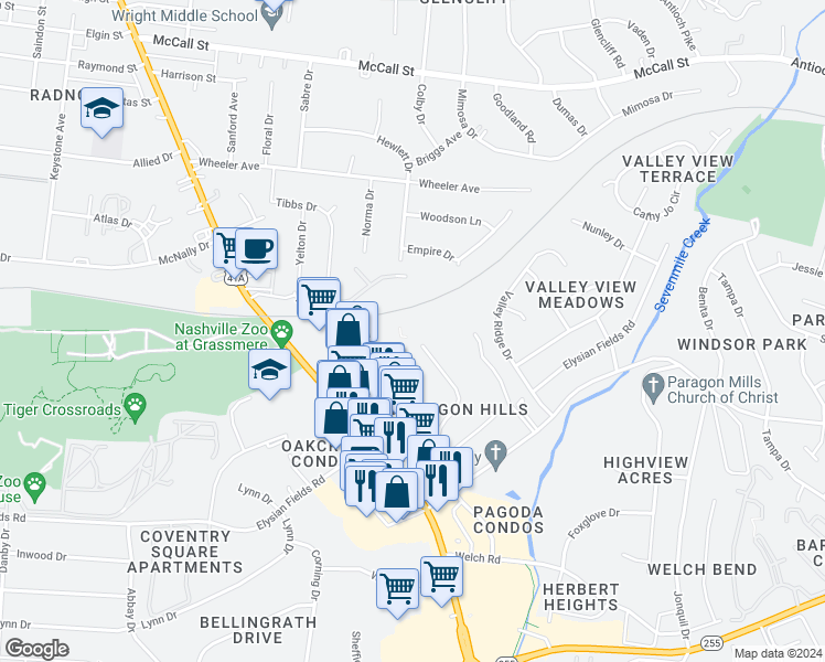 map of restaurants, bars, coffee shops, grocery stores, and more near 3811 Sam Boney Drive in Nashville
