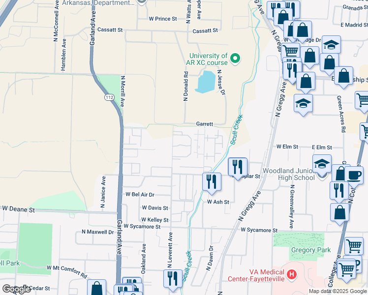 map of restaurants, bars, coffee shops, grocery stores, and more near 2100 North Leverett Avenue in Fayetteville