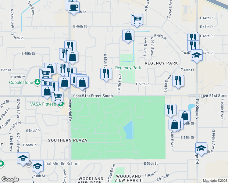 map of restaurants, bars, coffee shops, grocery stores, and more near 5040 South 87th East Avenue South in Tulsa