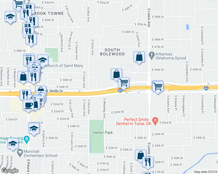 map of restaurants, bars, coffee shops, grocery stores, and more near 1929 East Skelly Drive in Tulsa