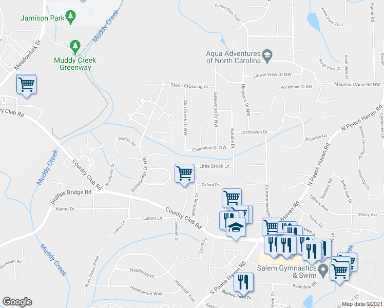map of restaurants, bars, coffee shops, grocery stores, and more near 5228 Clearview Drive Northwest in Winston-Salem