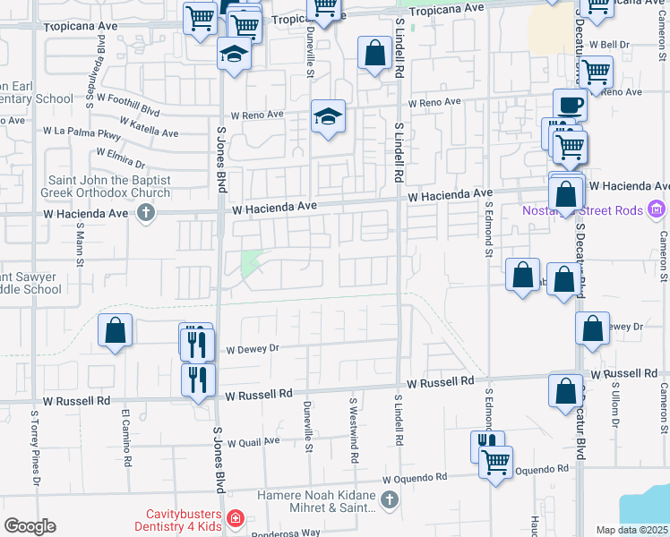 map of restaurants, bars, coffee shops, grocery stores, and more near 5445 Overland Express Street in Las Vegas