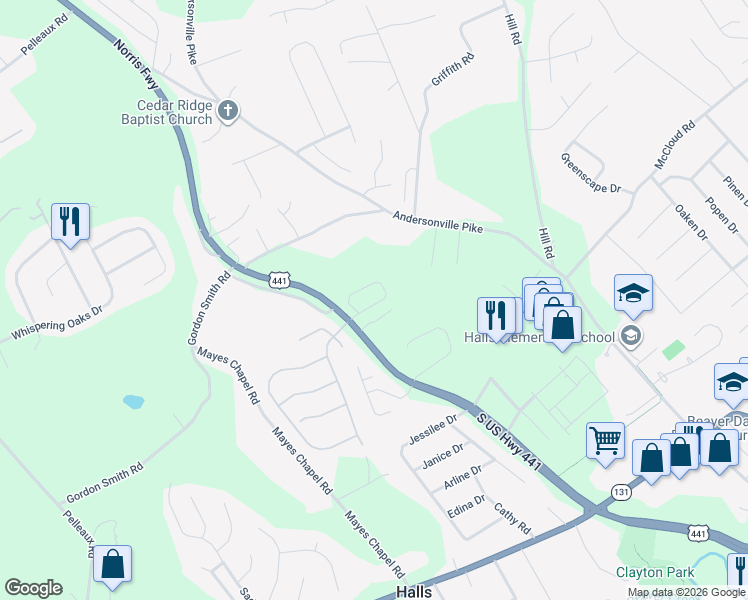 map of restaurants, bars, coffee shops, grocery stores, and more near 3950 Archibald Way in Knoxville