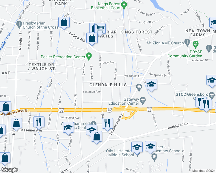 map of restaurants, bars, coffee shops, grocery stores, and more near 3902 Peterson Avenue in Greensboro
