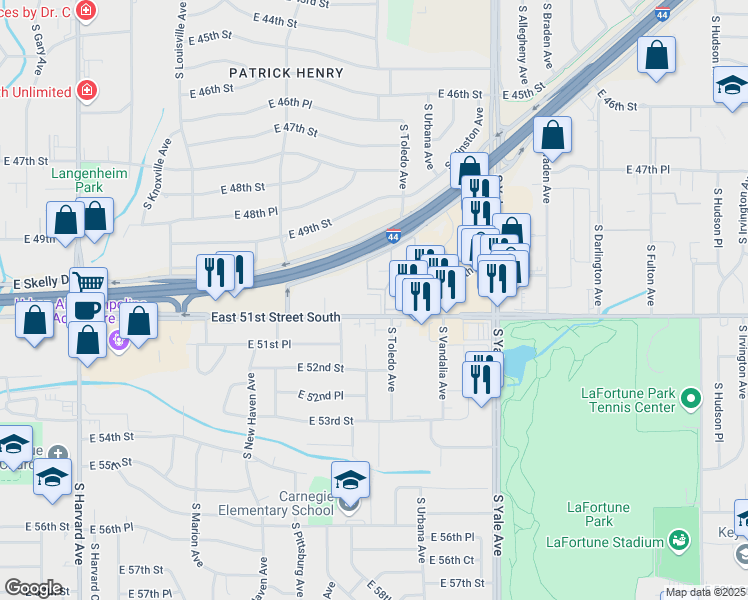 map of restaurants, bars, coffee shops, grocery stores, and more near 4319 East 51st Street South in Tulsa