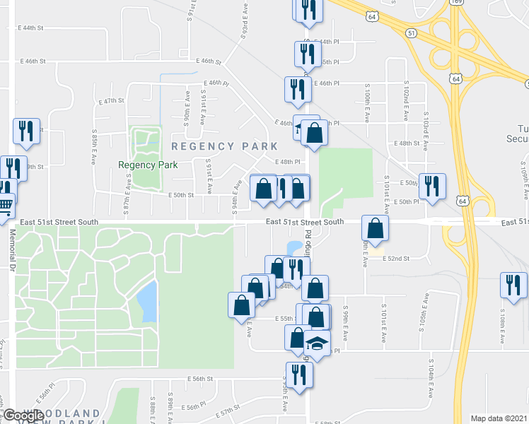 map of restaurants, bars, coffee shops, grocery stores, and more near 9433 East 51st Street South in Tulsa