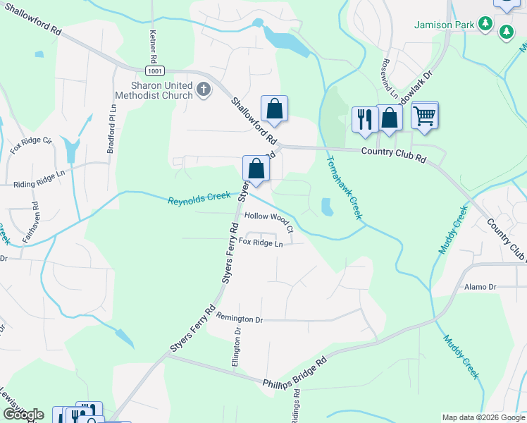 map of restaurants, bars, coffee shops, grocery stores, and more near 5972 Hollow Wood Court in Winston-Salem