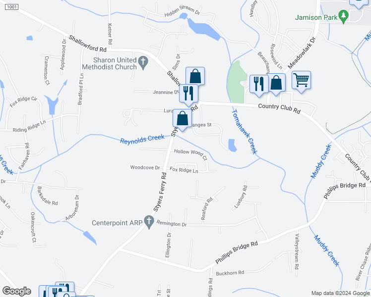 map of restaurants, bars, coffee shops, grocery stores, and more near 5971 Hollow Wood Court in Winston-Salem