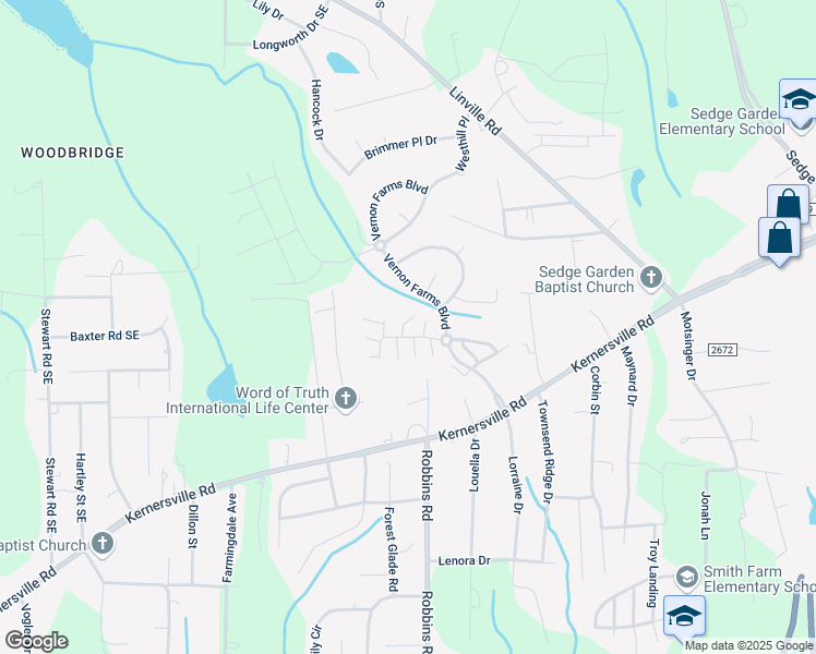 map of restaurants, bars, coffee shops, grocery stores, and more near 1340 Vernon Mill Road in Kernersville