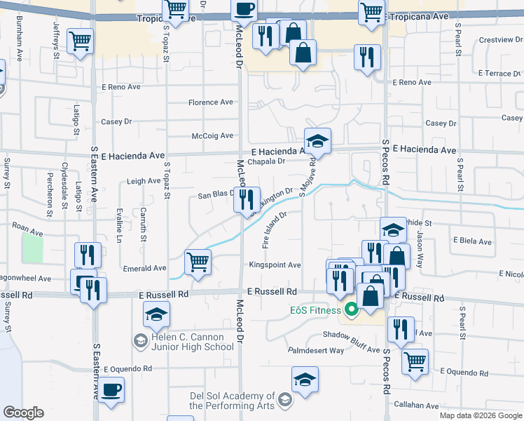 map of restaurants, bars, coffee shops, grocery stores, and more near 3061 Brockington Drive in Las Vegas