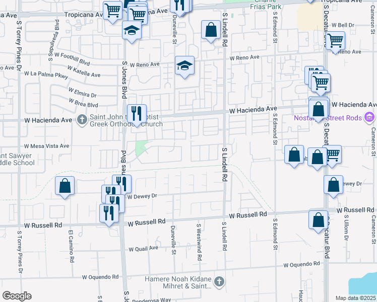 map of restaurants, bars, coffee shops, grocery stores, and more near 5445 Overland Express Street in Las Vegas