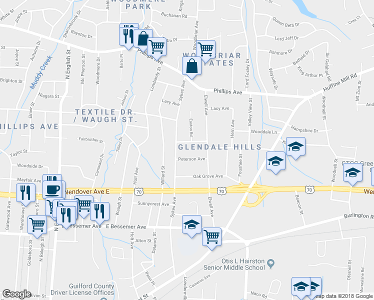 map of restaurants, bars, coffee shops, grocery stores, and more near 1001 Easton Road in Greensboro