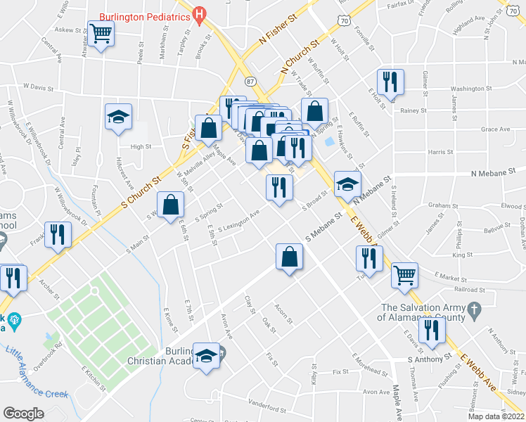 map of restaurants, bars, coffee shops, grocery stores, and more near 536 South Lexington Avenue in Burlington