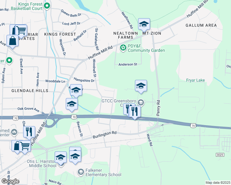 map of restaurants, bars, coffee shops, grocery stores, and more near 208 Aunt Mary Avenue in Greensboro