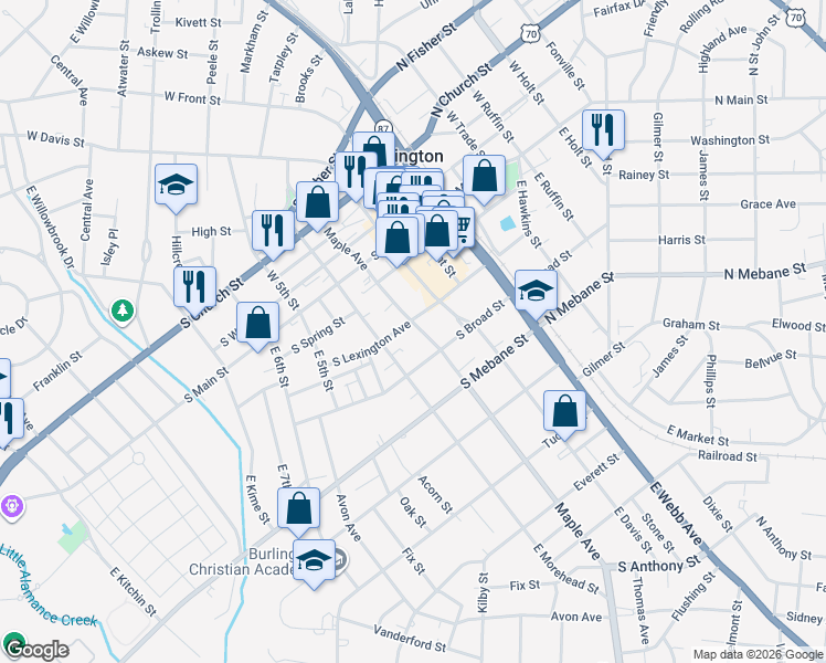 map of restaurants, bars, coffee shops, grocery stores, and more near 522 S Lexington Ave in Burlington