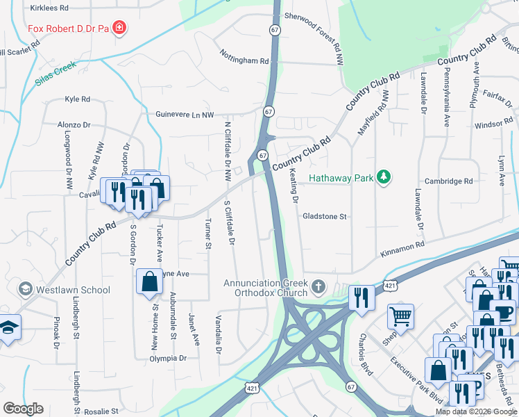 map of restaurants, bars, coffee shops, grocery stores, and more near 119 Harper Street in Winston Salem