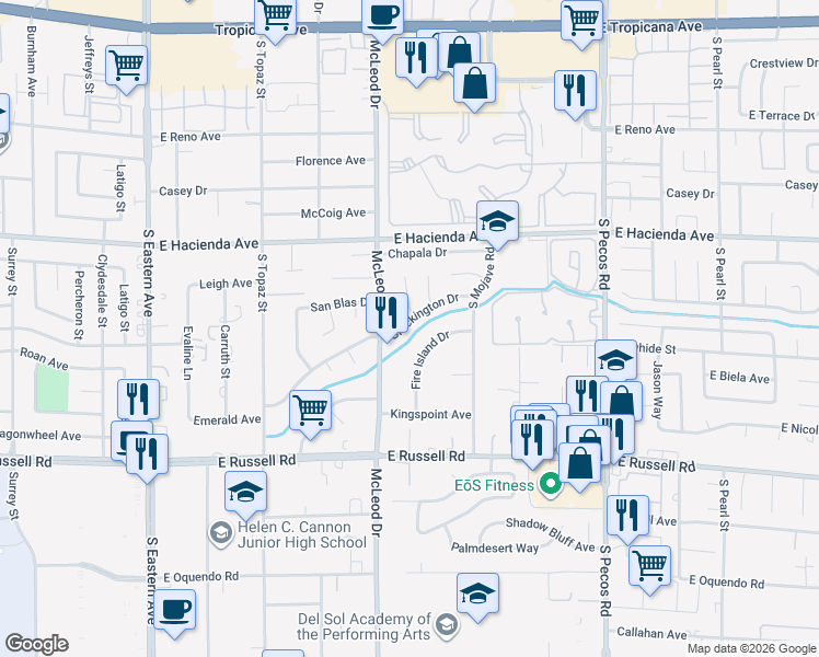 map of restaurants, bars, coffee shops, grocery stores, and more near 3061 Brockington Drive in Las Vegas