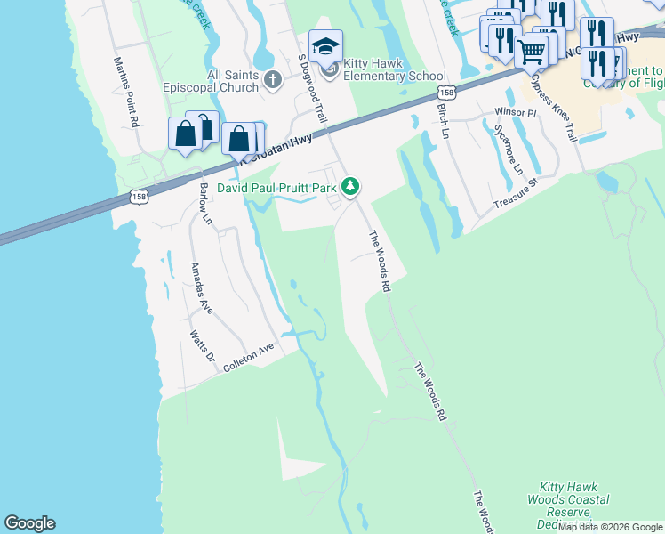 map of restaurants, bars, coffee shops, grocery stores, and more near 5205 Greenville Lane in Kitty Hawk