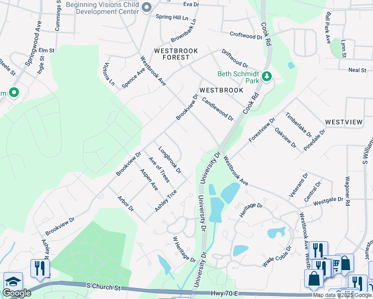 map of restaurants, bars, coffee shops, grocery stores, and more near 113 Running Brook Drive in Elon