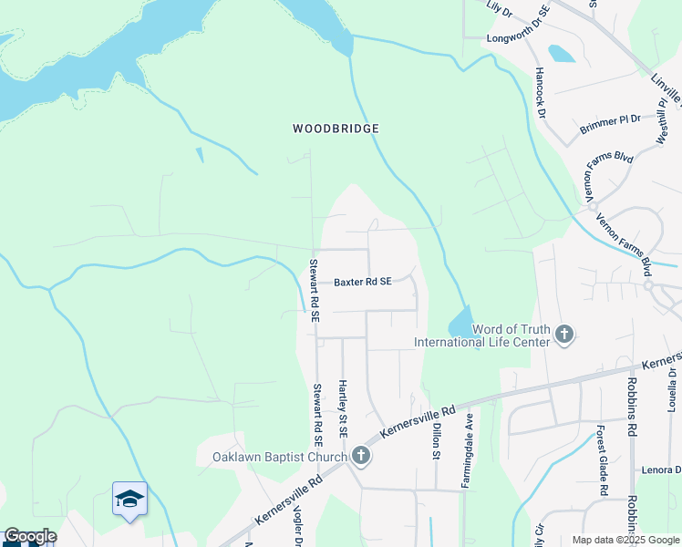 map of restaurants, bars, coffee shops, grocery stores, and more near 3414 Baxter Road Southeast in Winston-Salem