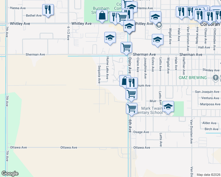 map of restaurants, bars, coffee shops, grocery stores, and more near 2155 Bainum Ave in Corcoran