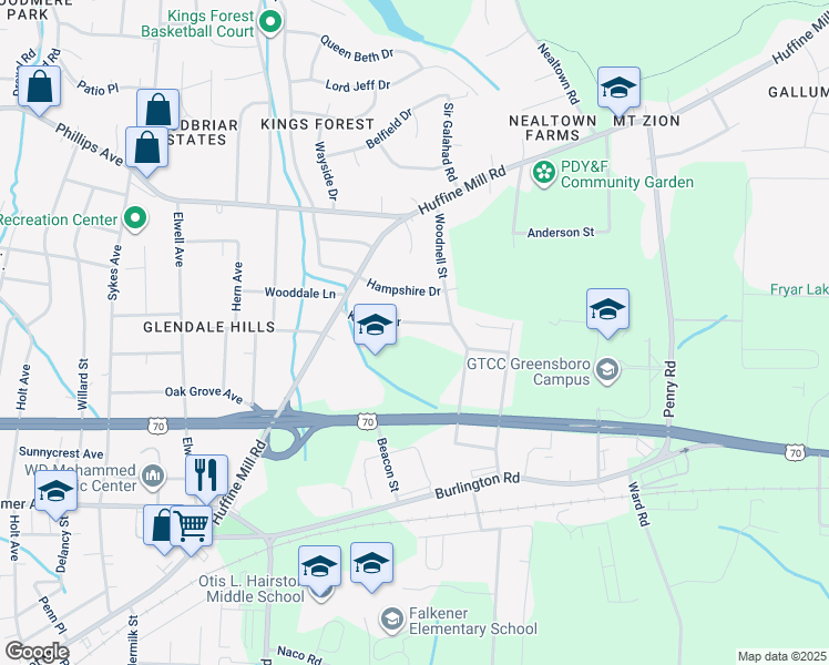 map of restaurants, bars, coffee shops, grocery stores, and more near 4222 Kildare Drive in Greensboro