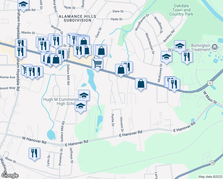 map of restaurants, bars, coffee shops, grocery stores, and more near Travelers Rest Drive in Burlington