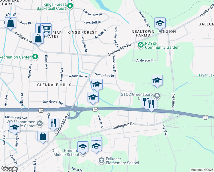 map of restaurants, bars, coffee shops, grocery stores, and more near 4222 Kildare Drive in Greensboro