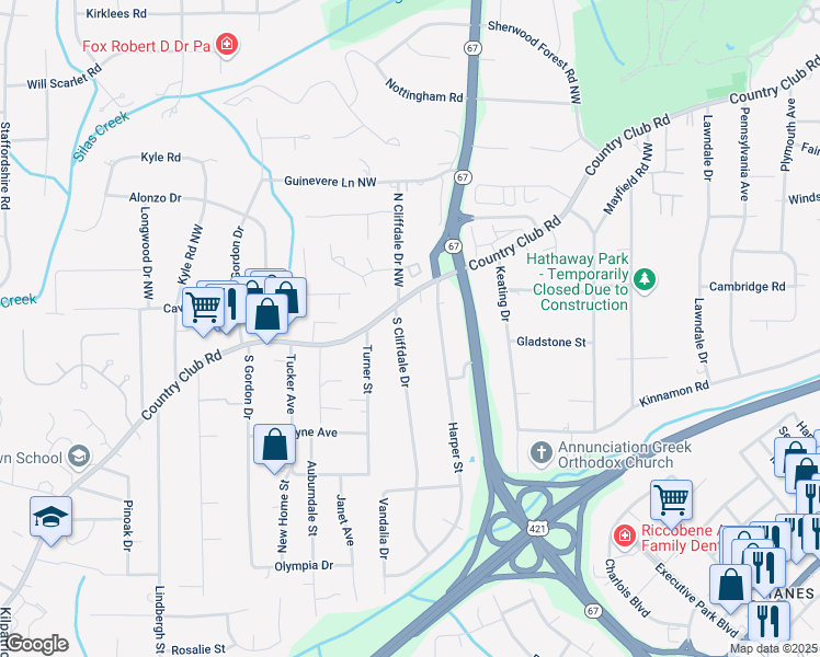 map of restaurants, bars, coffee shops, grocery stores, and more near 115 South Cliffdale Drive in Winston-Salem