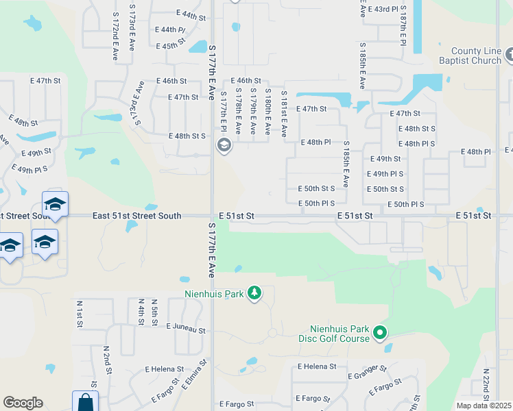 map of restaurants, bars, coffee shops, grocery stores, and more near 18001 East 51st Street in Tulsa