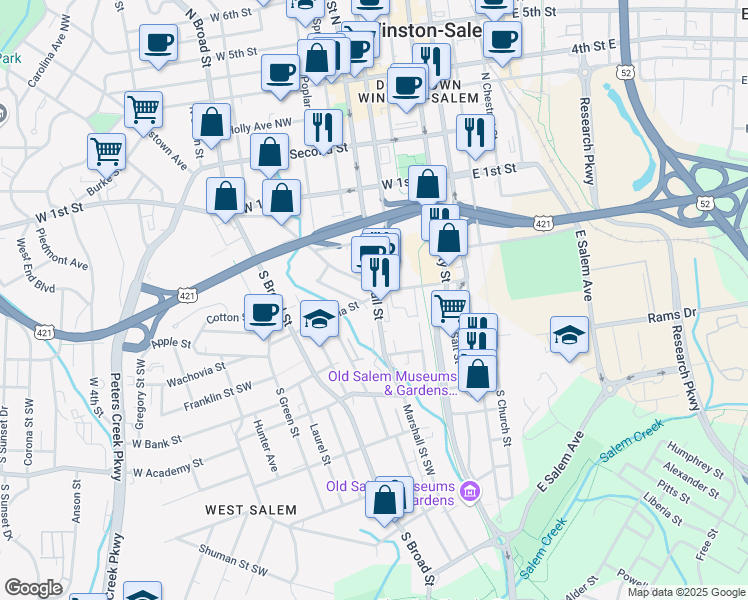 map of restaurants, bars, coffee shops, grocery stores, and more near 400 Marshall Street North in Winston-Salem