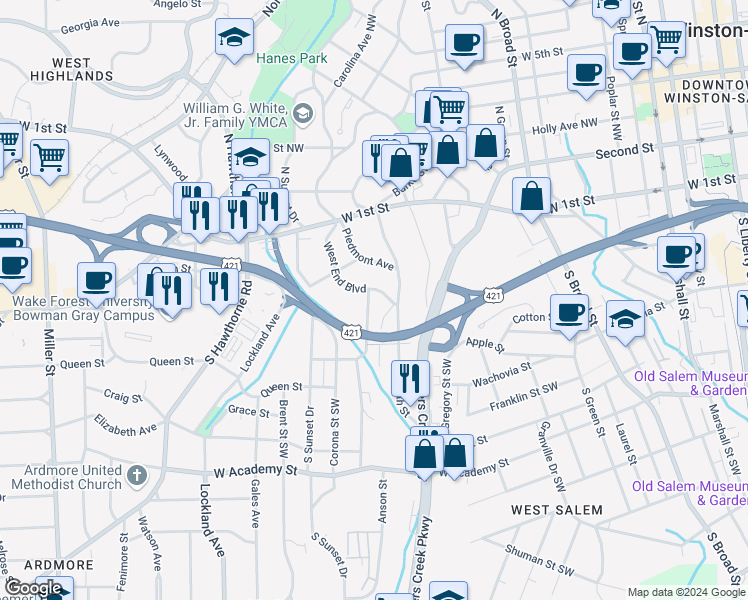 map of restaurants, bars, coffee shops, grocery stores, and more near 109 Crafton Street in Winston-Salem
