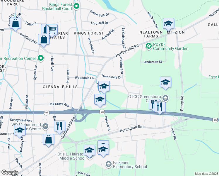 map of restaurants, bars, coffee shops, grocery stores, and more near 4214 Kildare Drive in Greensboro