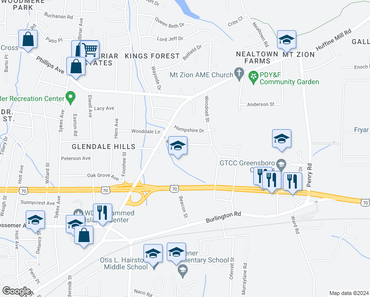 map of restaurants, bars, coffee shops, grocery stores, and more near 4214 Kildare Drive in Greensboro