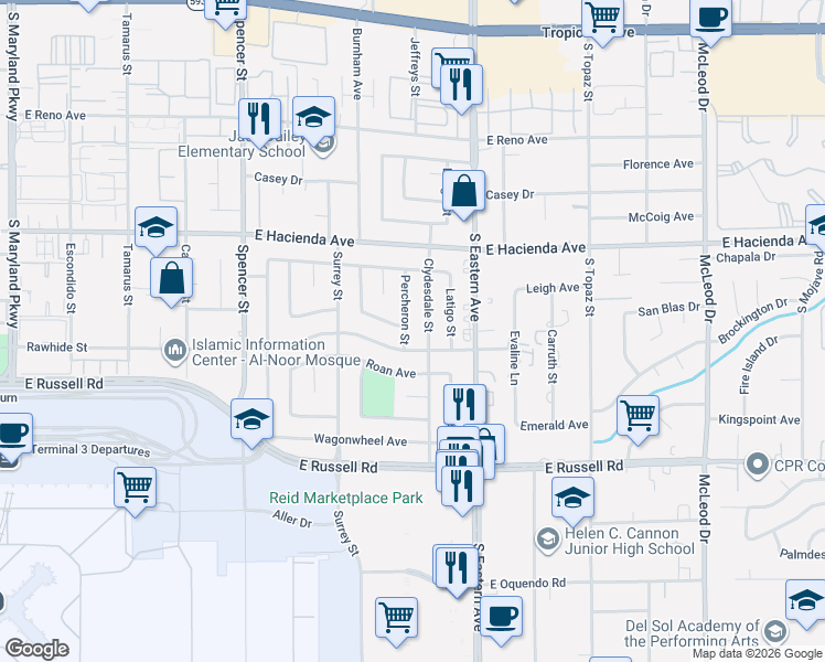 map of restaurants, bars, coffee shops, grocery stores, and more near 2226 Rawhide Street in Las Vegas