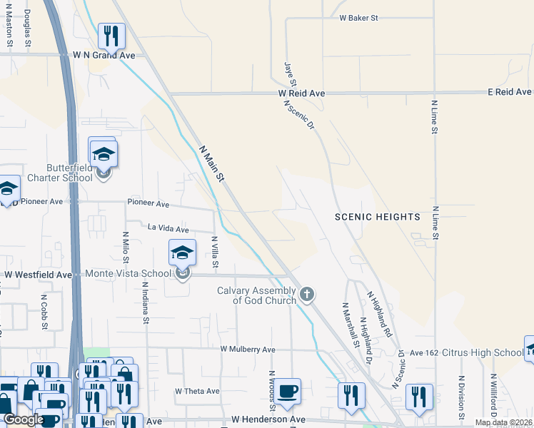 map of restaurants, bars, coffee shops, grocery stores, and more near 1296-1374 North Main Street in Porterville