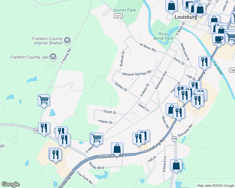 map of restaurants, bars, coffee shops, grocery stores, and more near 313 Ridley Street in Louisburg