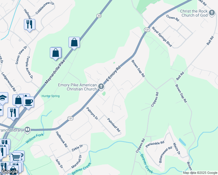 map of restaurants, bars, coffee shops, grocery stores, and more near 4917 Spring Garden Way in Knoxville
