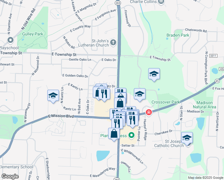 map of restaurants, bars, coffee shops, grocery stores, and more near 2091 North Crossover Road in Fayetteville