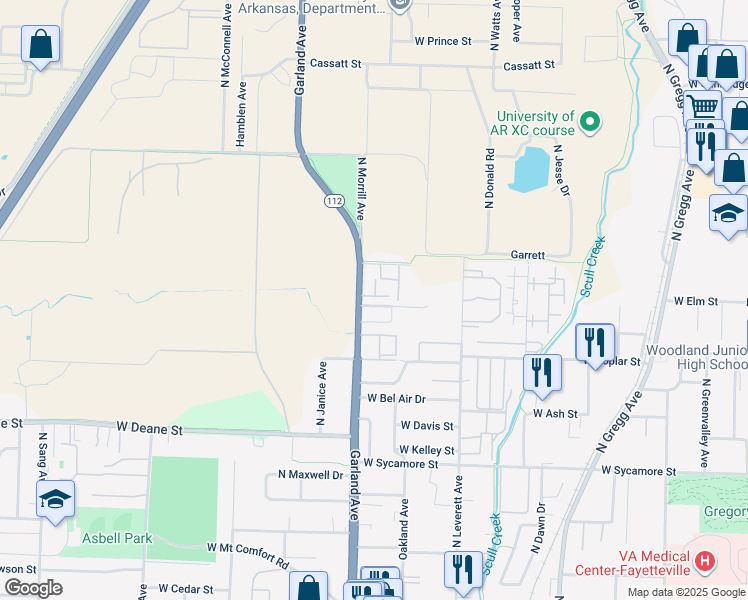 map of restaurants, bars, coffee shops, grocery stores, and more near 2070 Garland Avenue in Fayetteville