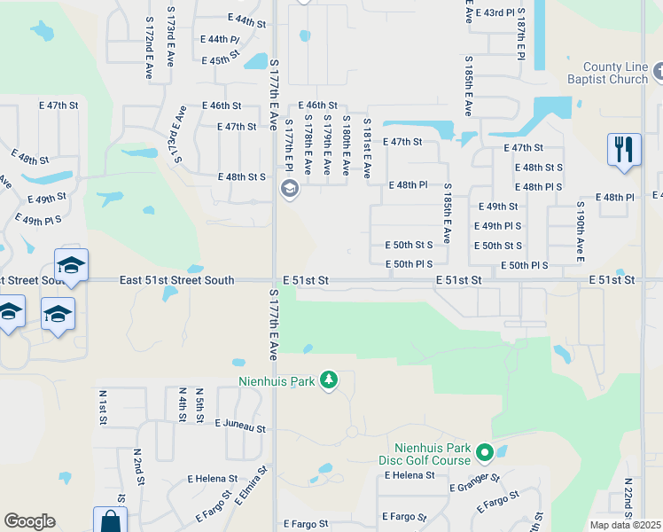map of restaurants, bars, coffee shops, grocery stores, and more near 1151 East Omaha Street in Broken Arrow