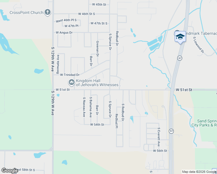 map of restaurants, bars, coffee shops, grocery stores, and more near 405 West 51st Place in Sand Springs