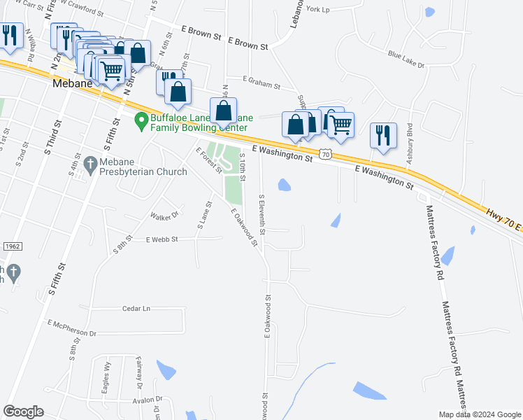 map of restaurants, bars, coffee shops, grocery stores, and more near 222 South 11th Street in Mebane