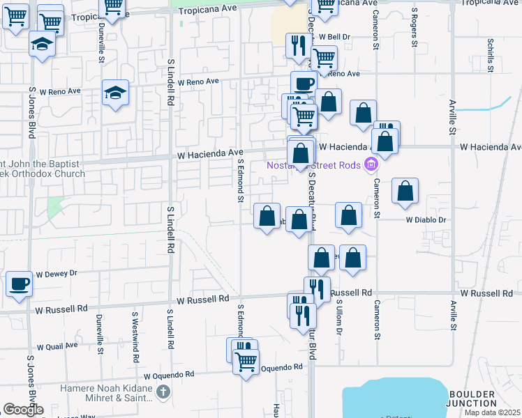 map of restaurants, bars, coffee shops, grocery stores, and more near 5055 West Hacienda Avenue in Las Vegas