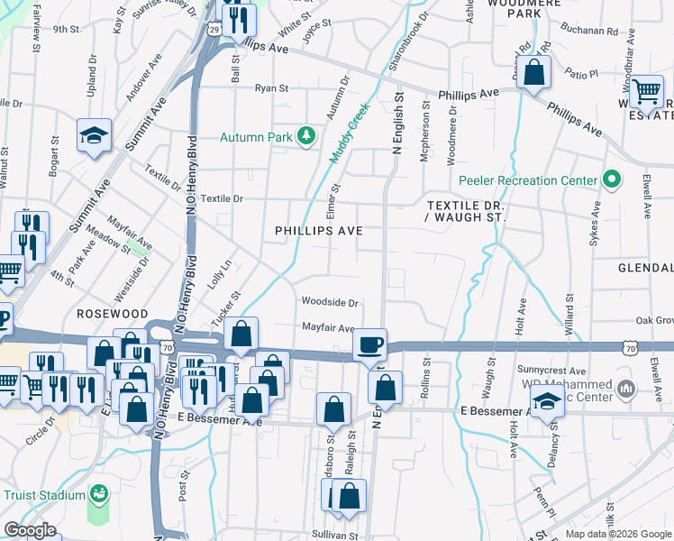 map of restaurants, bars, coffee shops, grocery stores, and more near 1926 Taylor Street in Greensboro