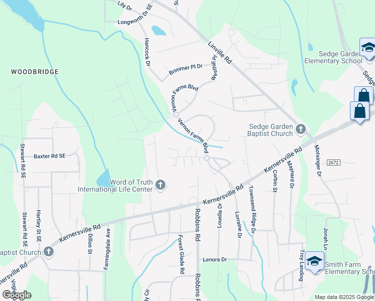 map of restaurants, bars, coffee shops, grocery stores, and more near 1340 Vernon Mill Road in Kernersville