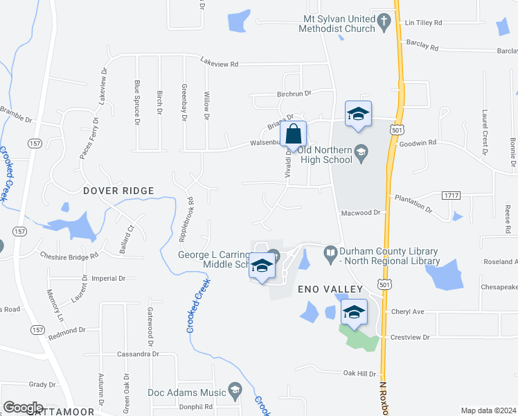 map of restaurants, bars, coffee shops, grocery stores, and more near 3 Drayton Court in Durham