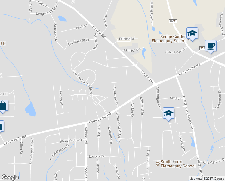 map of restaurants, bars, coffee shops, grocery stores, and more near 118 Townsend Drive in Winston-Salem