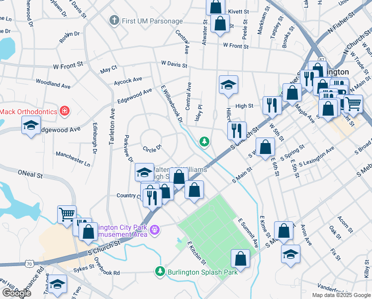map of restaurants, bars, coffee shops, grocery stores, and more near 330 West Willowbrook Drive in Burlington