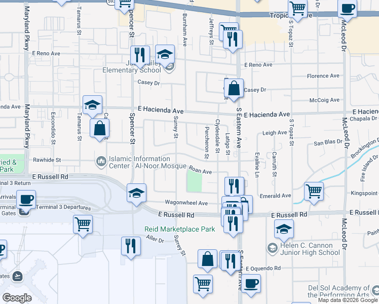map of restaurants, bars, coffee shops, grocery stores, and more near 2095 Roan Avenue in Las Vegas